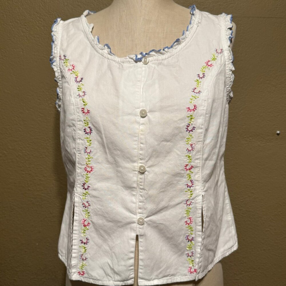 ROSANNA SLEEVELESS CROPPED PAJAMA TOP WHITE WITH FLORAL STITCHING - MEDIUM 4 6